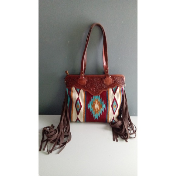 Southwestern Style Woven Aztec Print Leather Trim Fringe Tote Bag